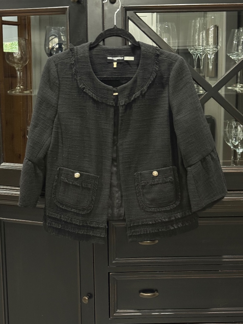 Karl Lagerfeld Paris Black Tweed Fringe Blazer Jacket Size 8